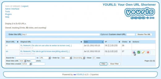 YOURLS main screen